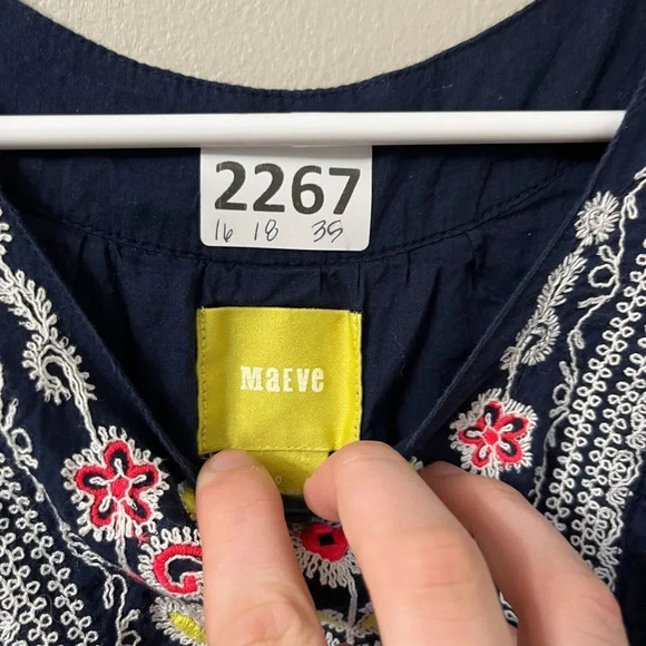 Maeve Womens Navy Blue Embroidered Dress Boho Swing 0 Sleeveless Textured Anthro - Picture 8 of 8